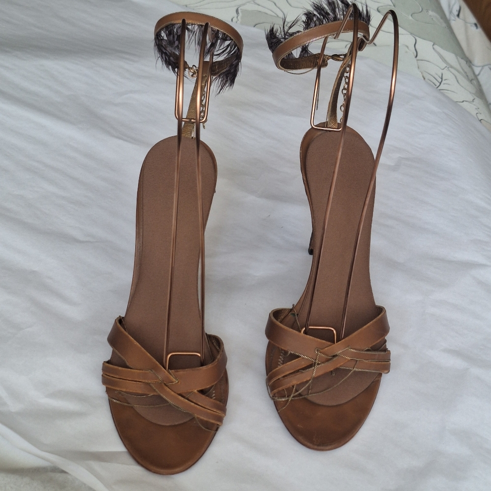 BOTTEGA VENETA TLC Tan Stiletto Heel Strappy Sandals Size 37/US 7 - Picture 1 of 14
